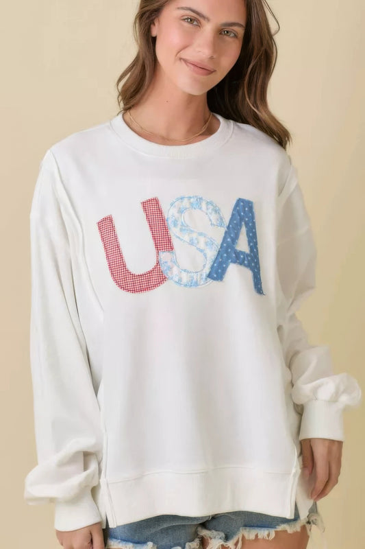 New Arrival – 4th Of July Usa Patchwork Crewneck Long Sleeve Top – New Arrival Now Live