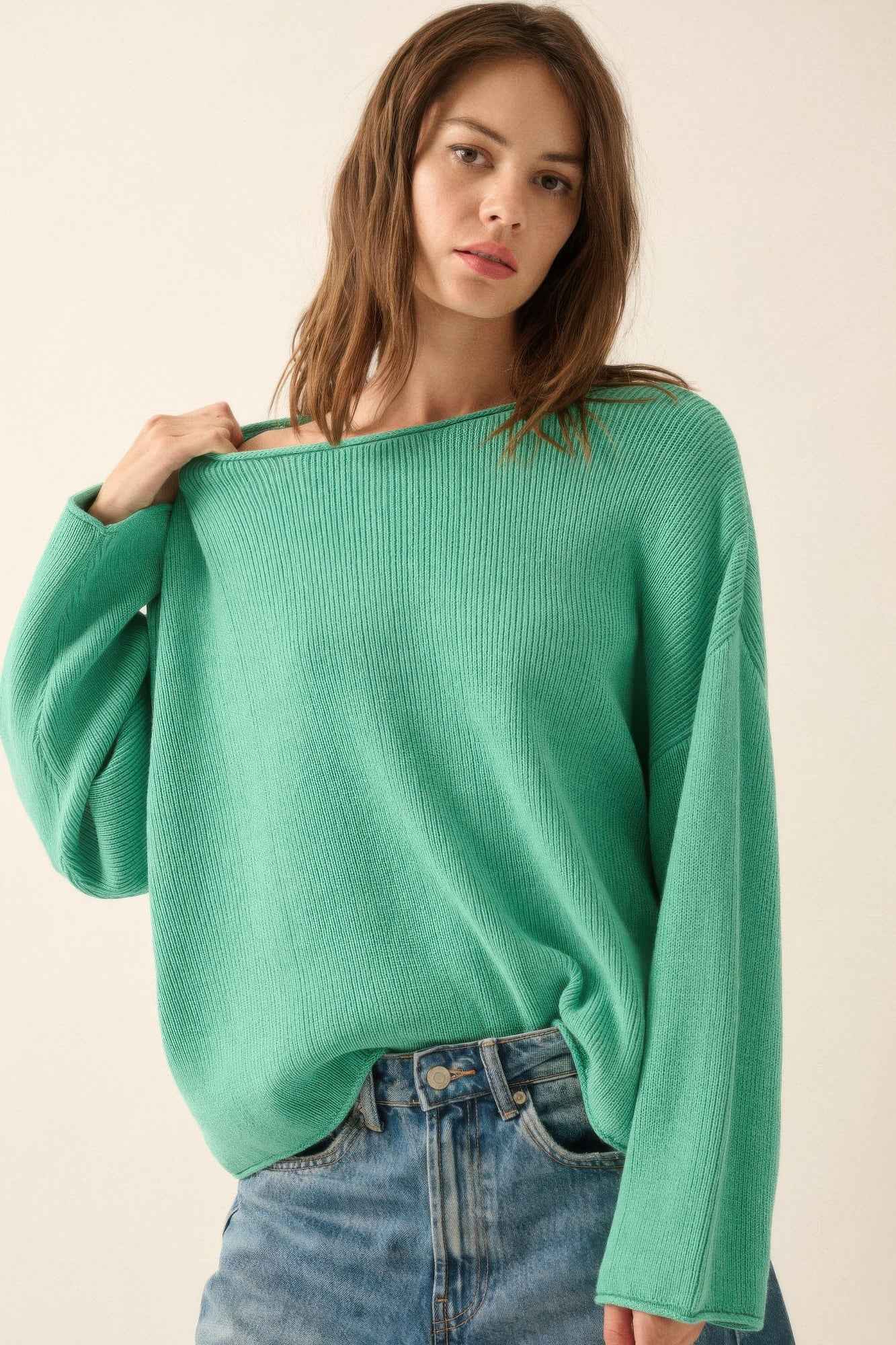 Solid Rib-knit Oversized Boatneck Sweater