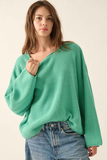Solid Rib-knit Oversized Boatneck Sweater