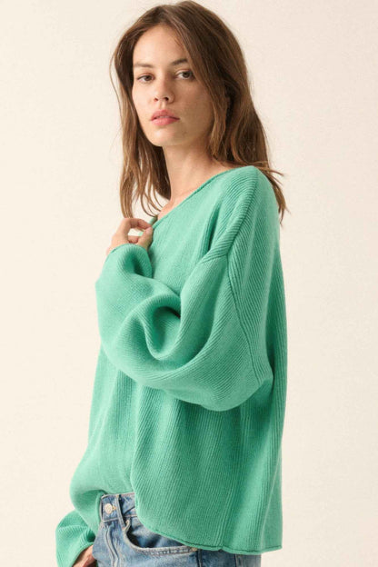 Solid Rib-knit Oversized Boatneck Sweater