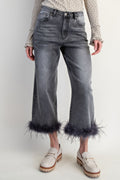 Fur Bottom Hem Washed Stretch Denim Pants-Product Type | Naughty Smile Fashion
