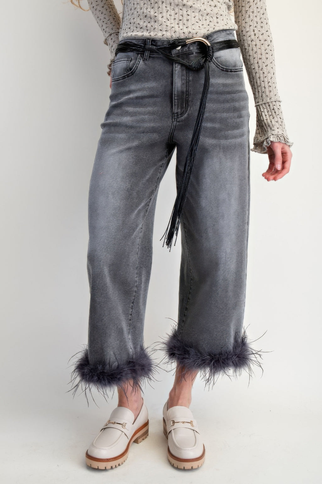 Fur Bottom Hem Washed Stretch Denim Pants-Product Type | Naughty Smile Fashion