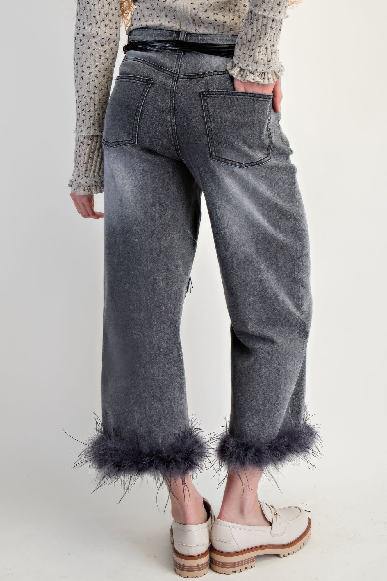Fur Bottom Hem Washed Stretch Denim Pants-Product Type | Naughty Smile Fashion