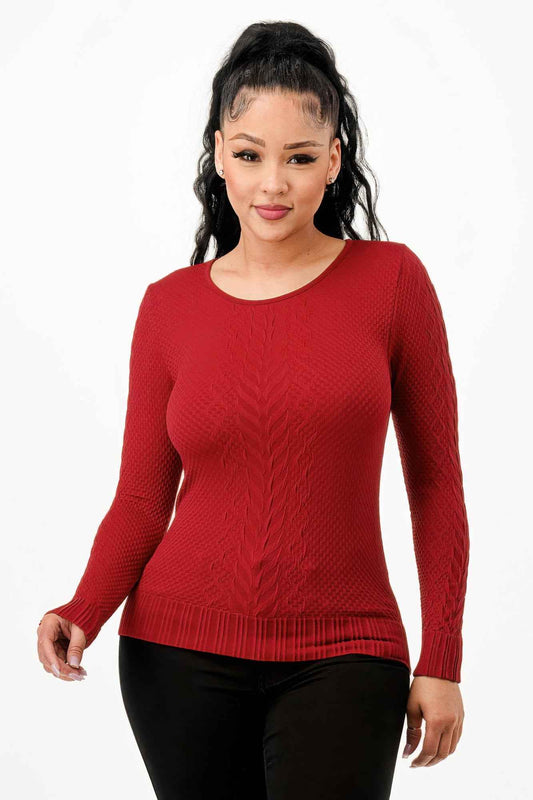 Long Sleeve Solid Jacquard Knit Top