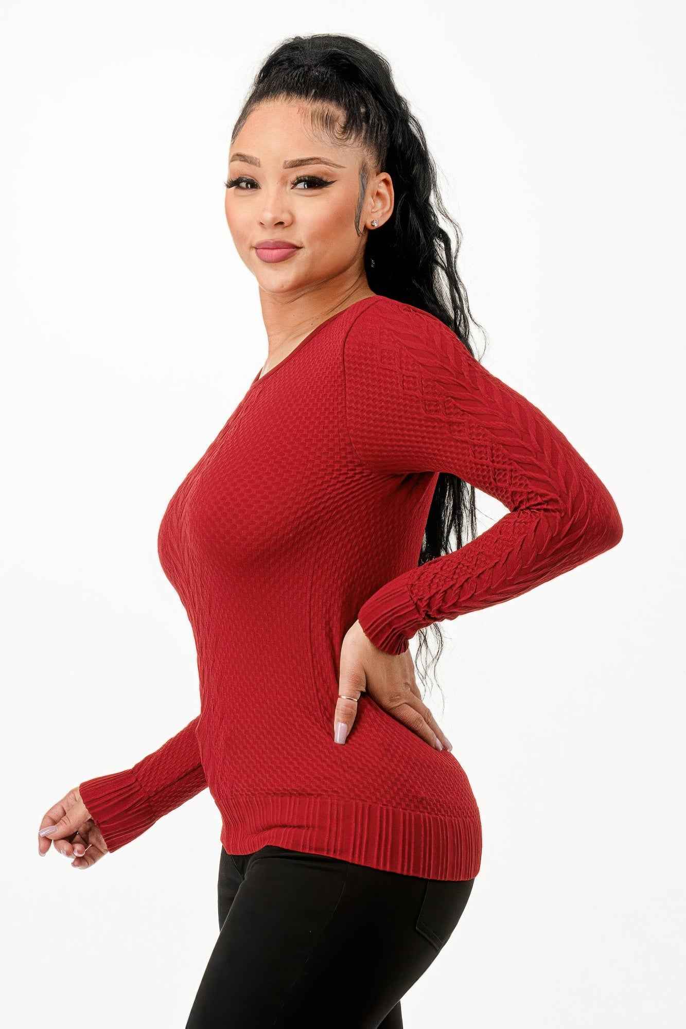 Long Sleeve Solid Jacquard Knit Top