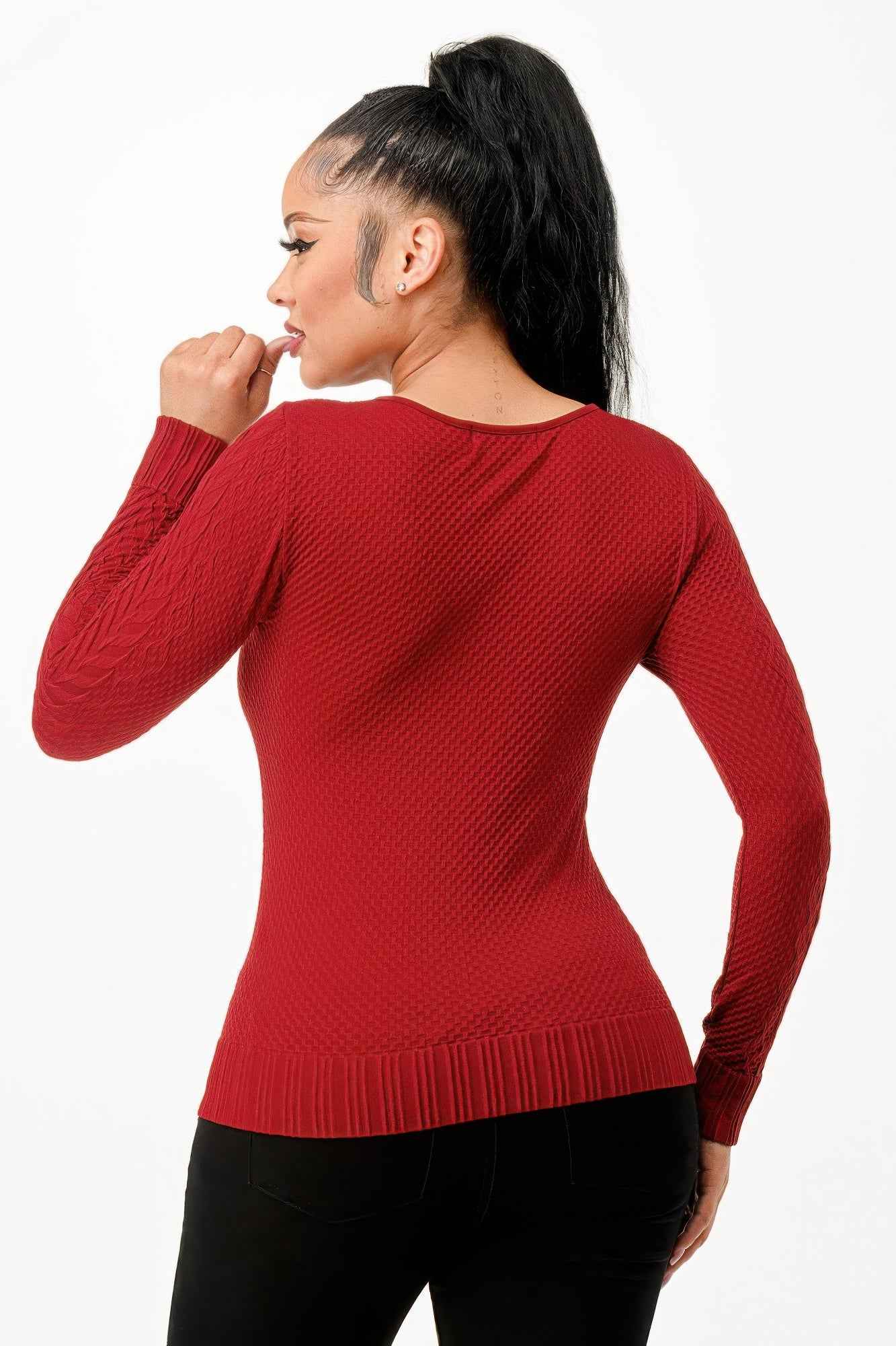 Long Sleeve Solid Jacquard Knit Top