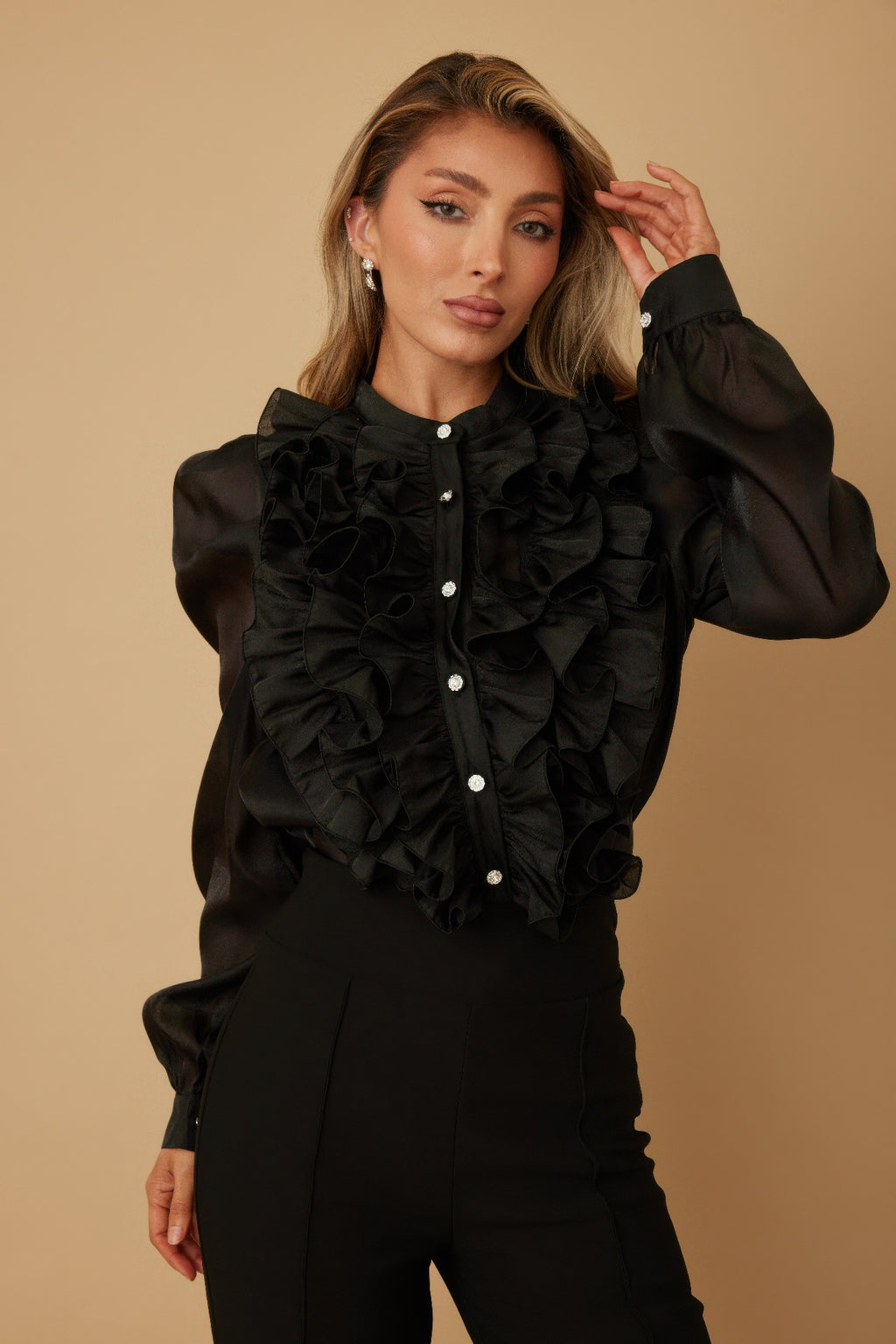 Ruffle Micro Crystal Long Sleeve Blouse-Product Type | Naughty Smile Fashion