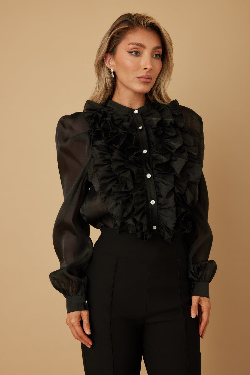 Ruffle Micro Crystal Long Sleeve Blouse-Product Type | Naughty Smile Fashion