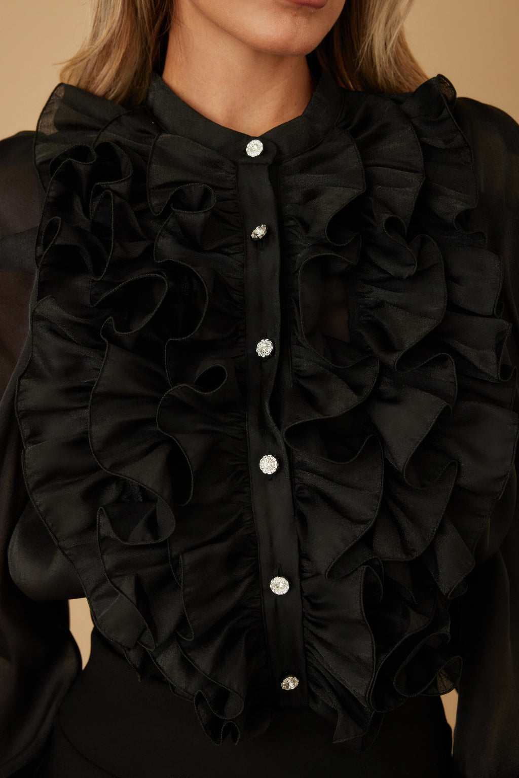 Ruffle Micro Crystal Long Sleeve Blouse-Product Type | Naughty Smile Fashion