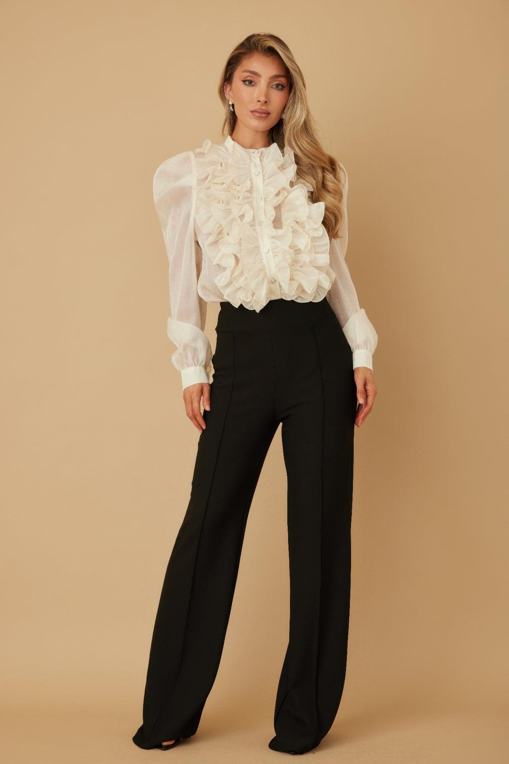 Ruffle Micro Crystal Long Sleeve Blouse-Product Type | Naughty Smile Fashion