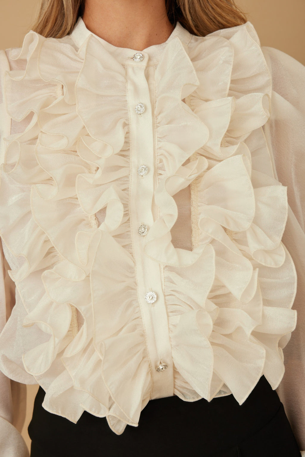 Ruffle Micro Crystal Long Sleeve Blouse-Product Type | Naughty Smile Fashion