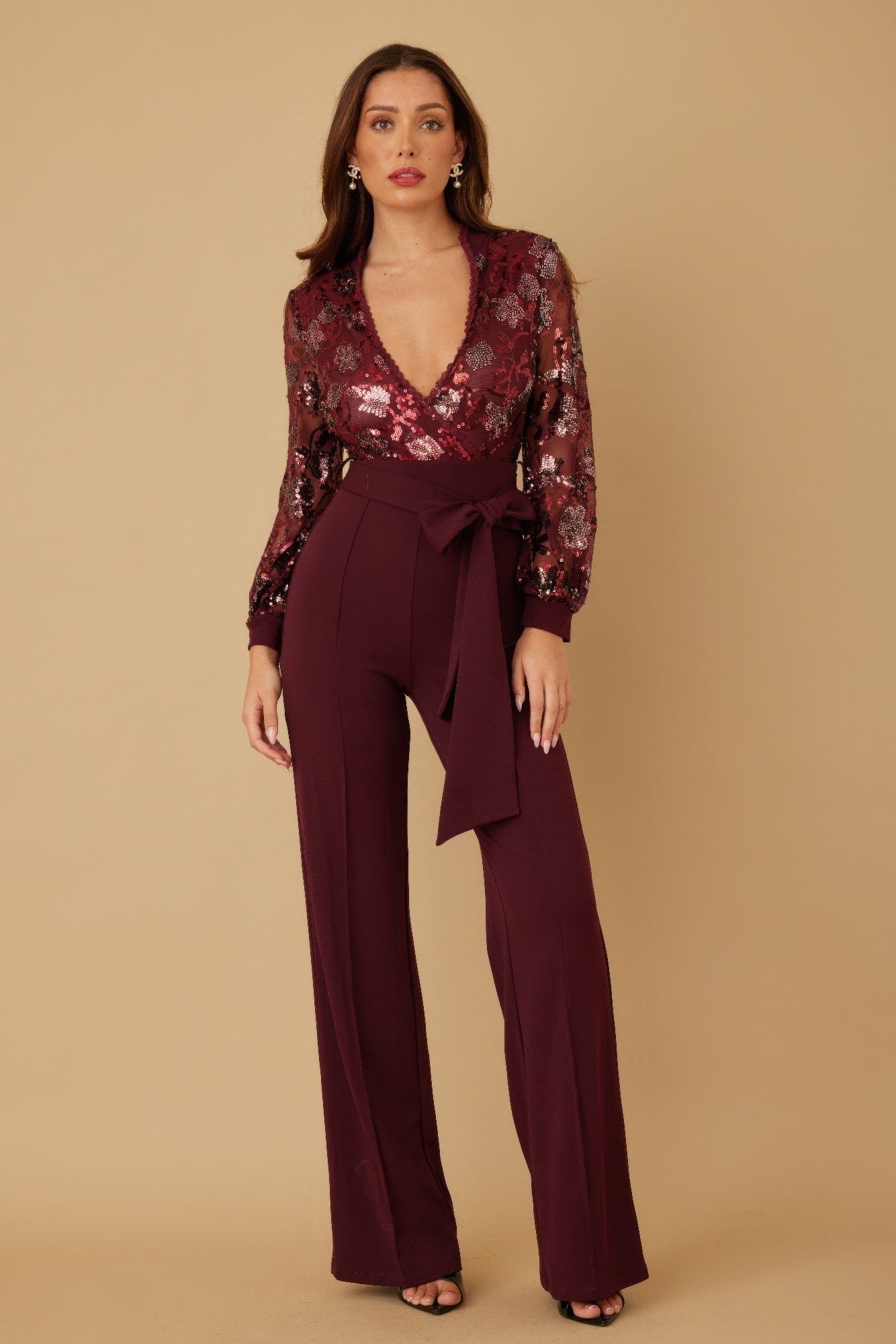 Flower Vein Sequin Print Jumpsuit-Product Type | Naughty Smile Fashion