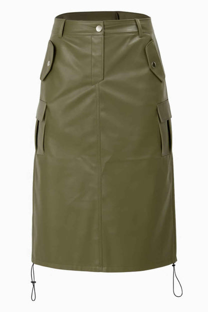 Pu Side Pockets Midi Skirt