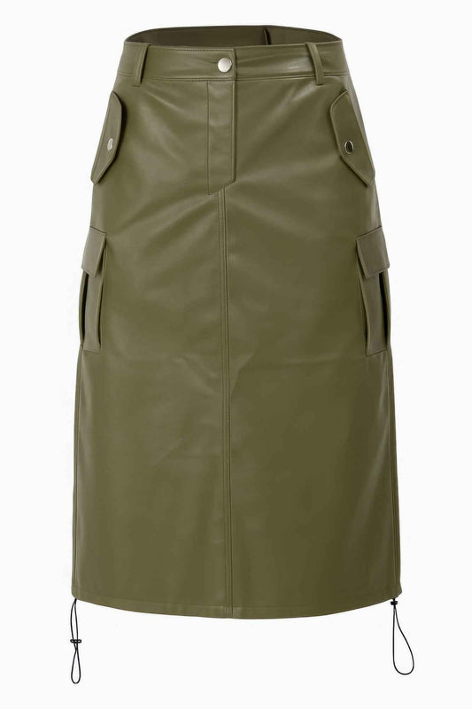 Pu Side Pockets Midi Skirt