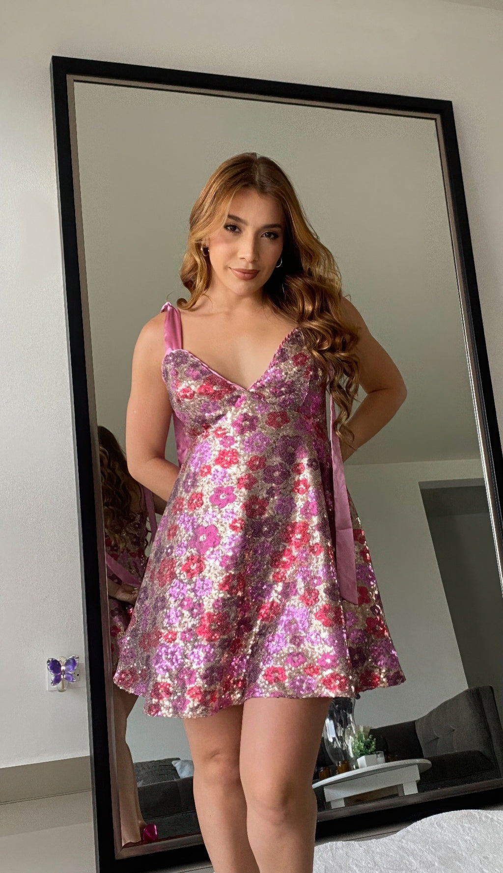 Women's Sequin Floral Mini Dress    Ties On Shoulders-Product Type | Naughty Smile Fashion