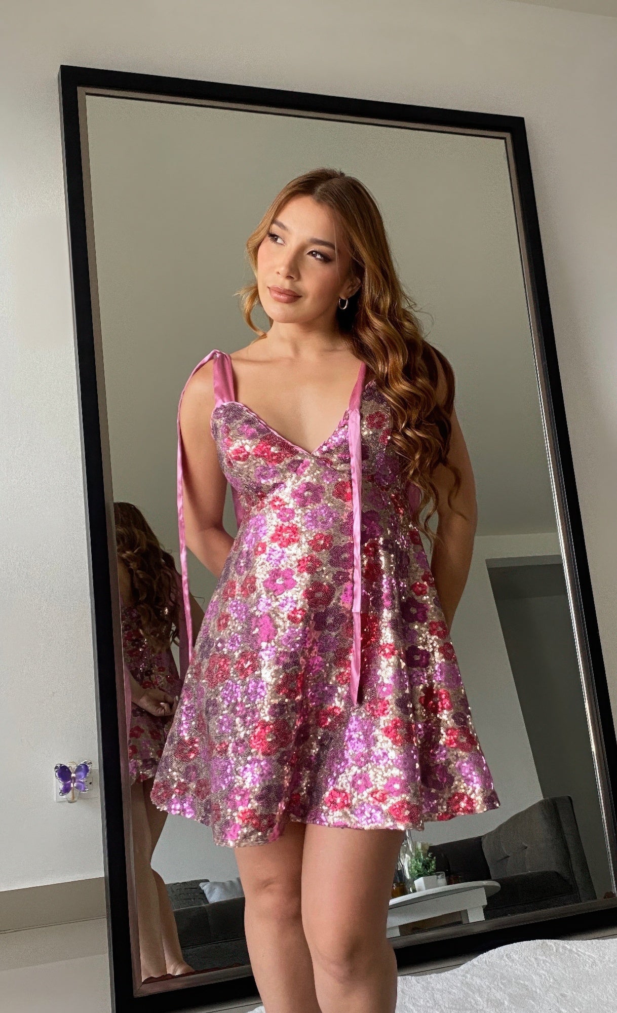 Women's Sequin Floral Mini Dress    Ties On Shoulders-Product Type | Naughty Smile Fashion