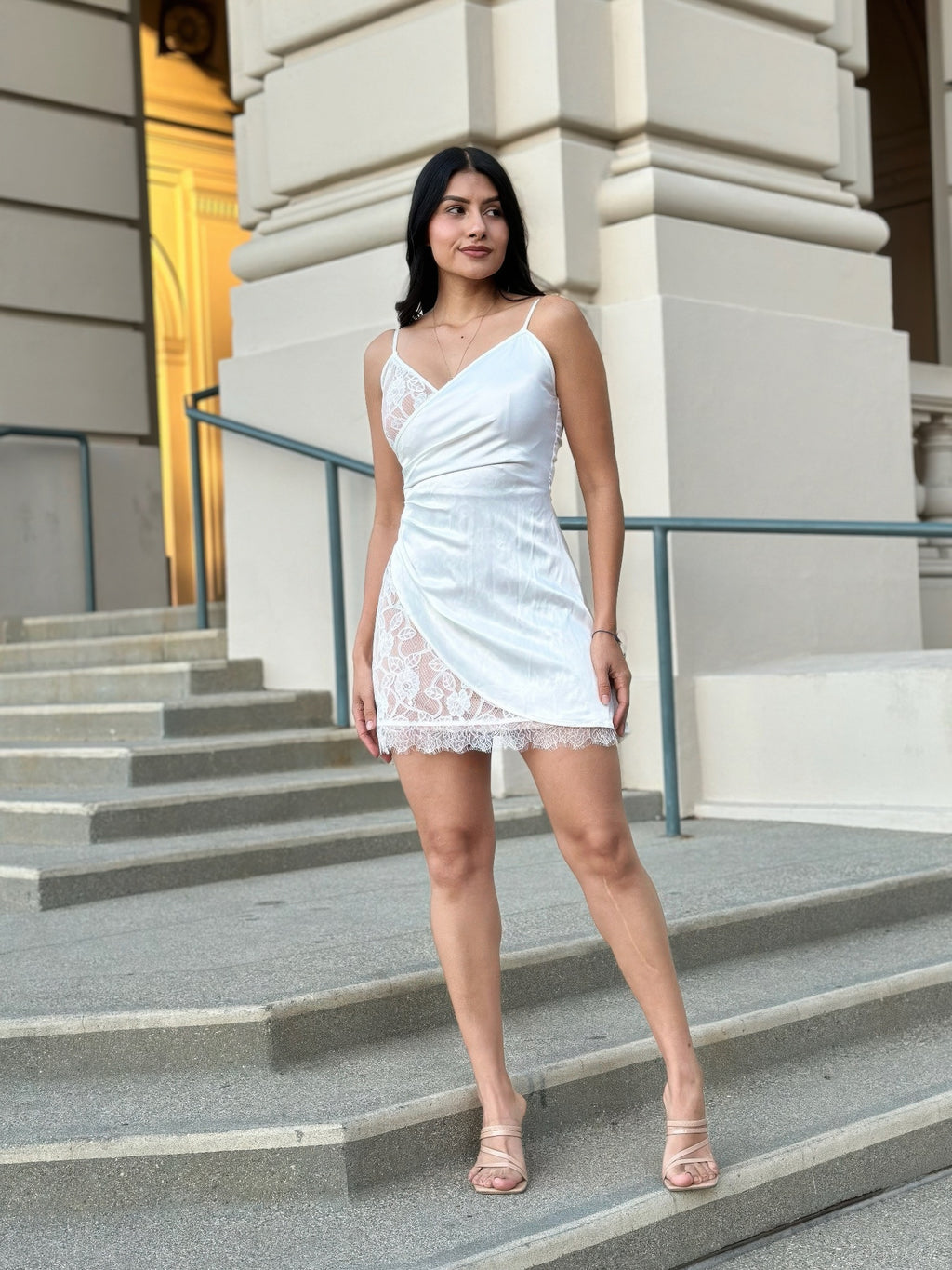 Sexy Party Satin Wrap Like & Lace Nude Mini Dress-Product Type | Naughty Smile Fashion