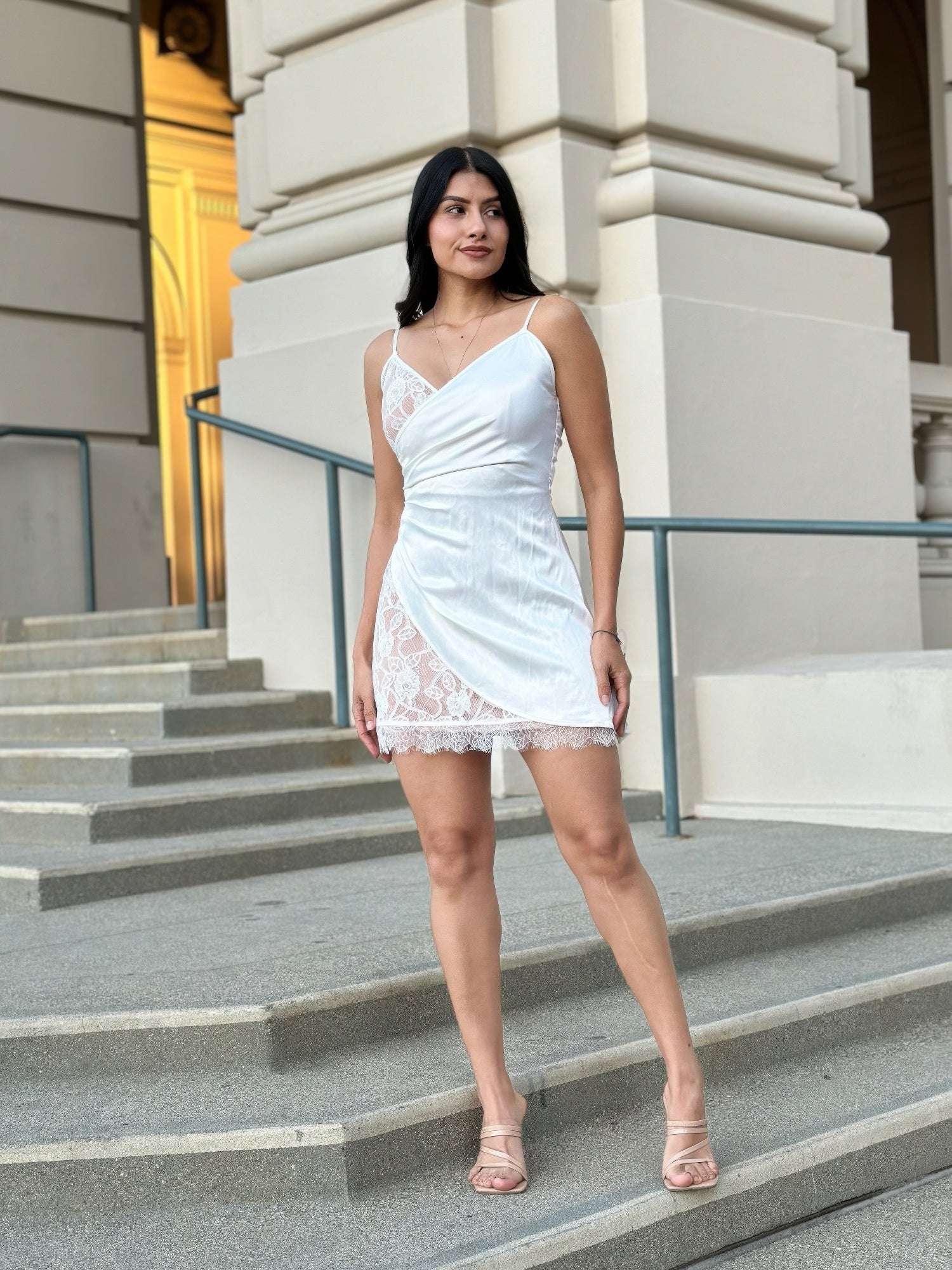 Sexy Party Satin Wrap Like & Lace Nude Mini Dress-Product Type | Naughty Smile Fashion
