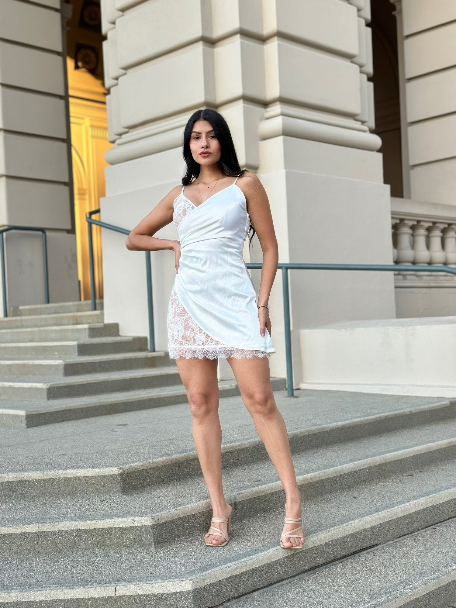 Sexy Party Satin Wrap Like & Lace Nude Mini Dress-Product Type | Naughty Smile Fashion