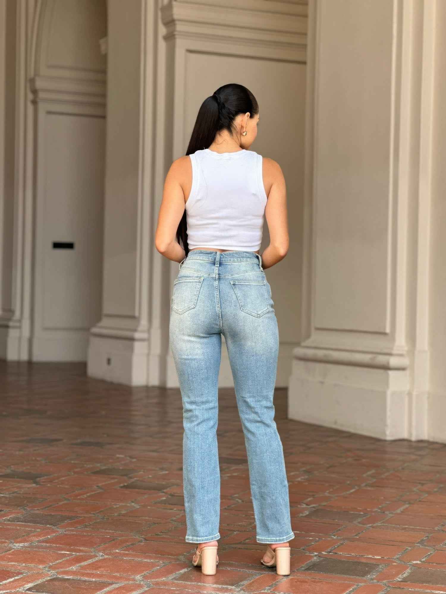 High Rise Cigarette Button Fly Straight Denim Jean