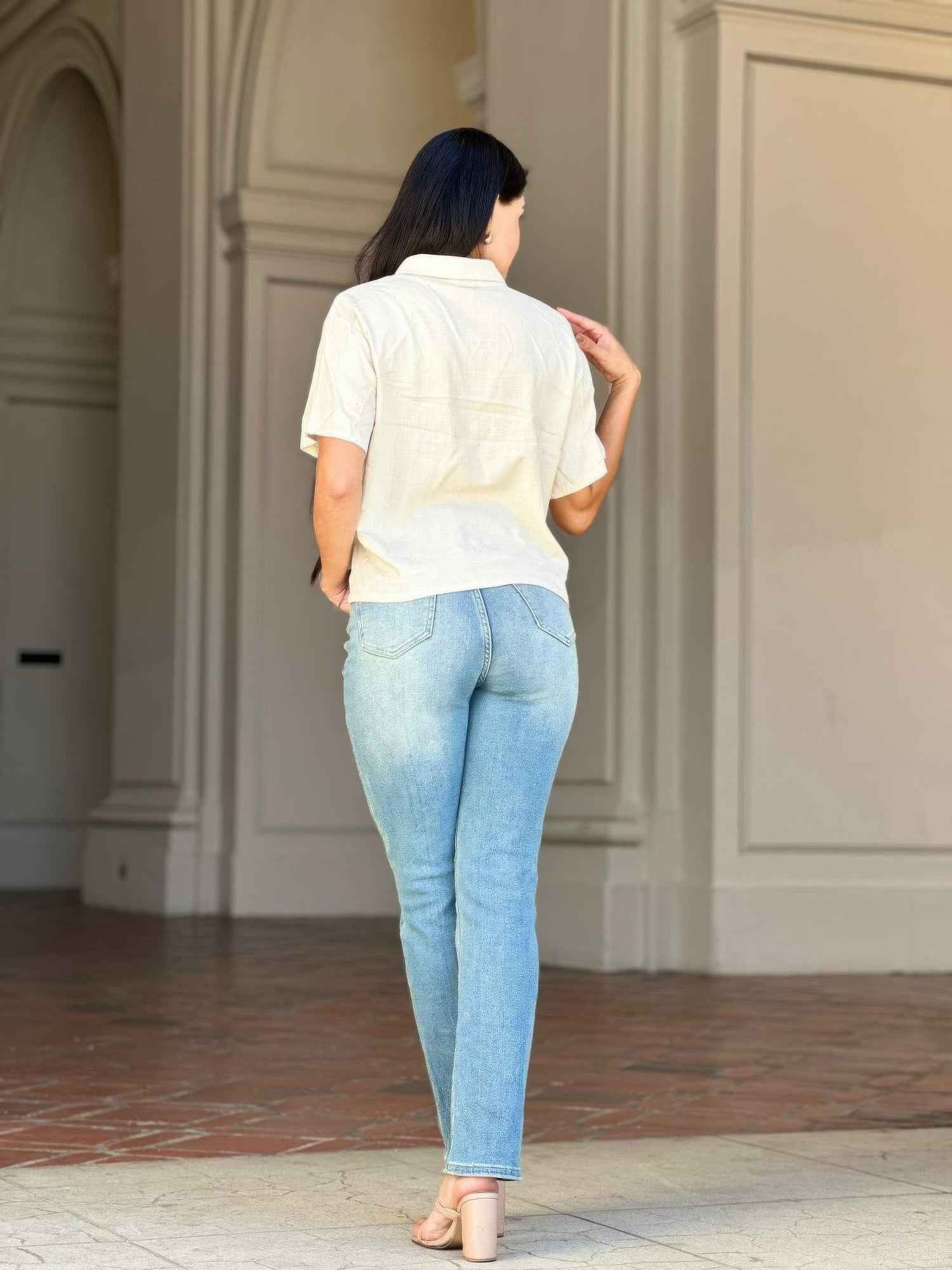 High Rise Cigarette Button Fly Straight Denim Jean