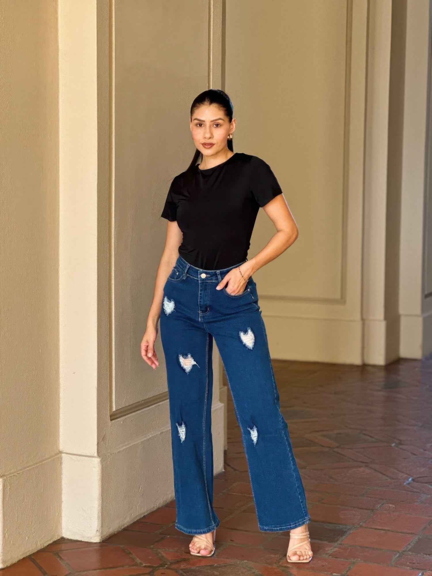 Embroidered Distressed Heart Wide Leg Denim Jean