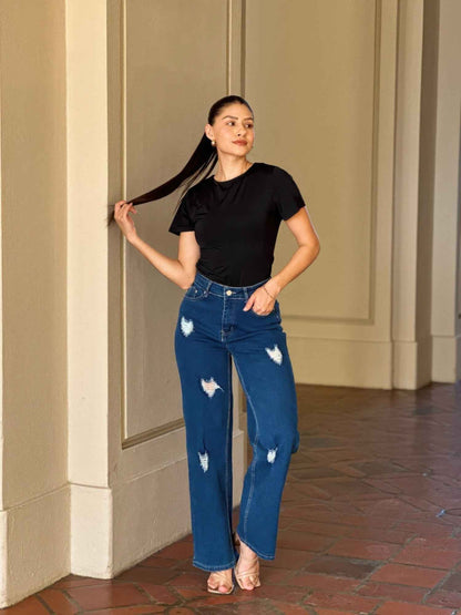 Embroidered Distressed Heart Wide Leg Denim Jean