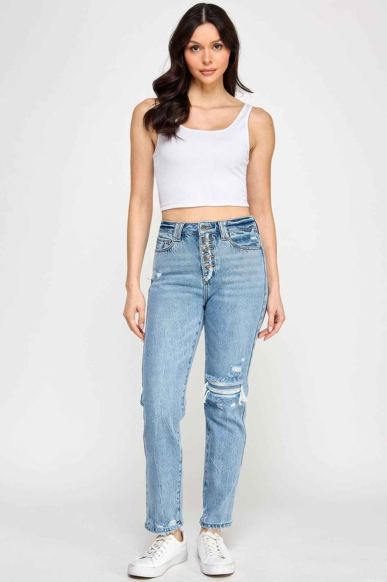 High Rise Button Fly Crop Slim Straight