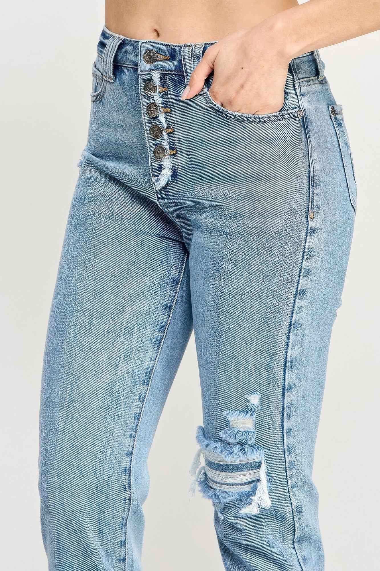 High Rise Button Fly Crop Slim Straight