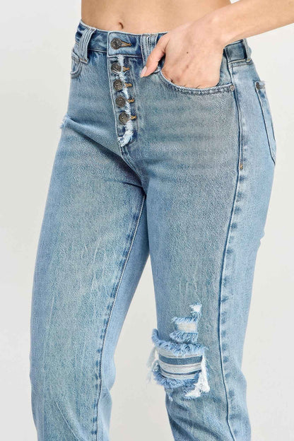 High Rise Button Fly Crop Slim Straight