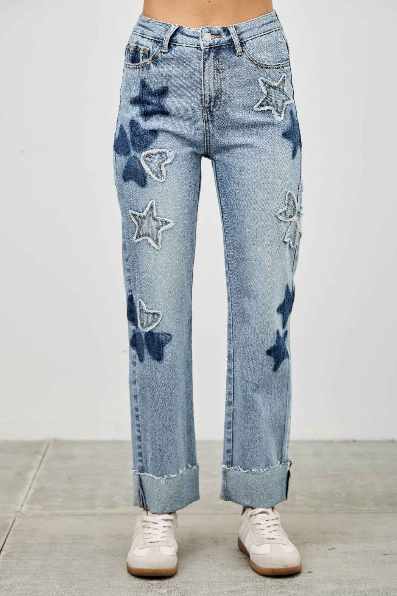 High Rise Star & Heart Patched Dad Jean W/stretch
