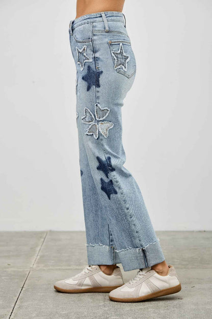 High Rise Star & Heart Patched Dad Jean W/stretch