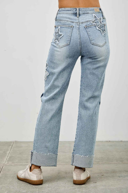 High Rise Star & Heart Patched Dad Jean W/stretch