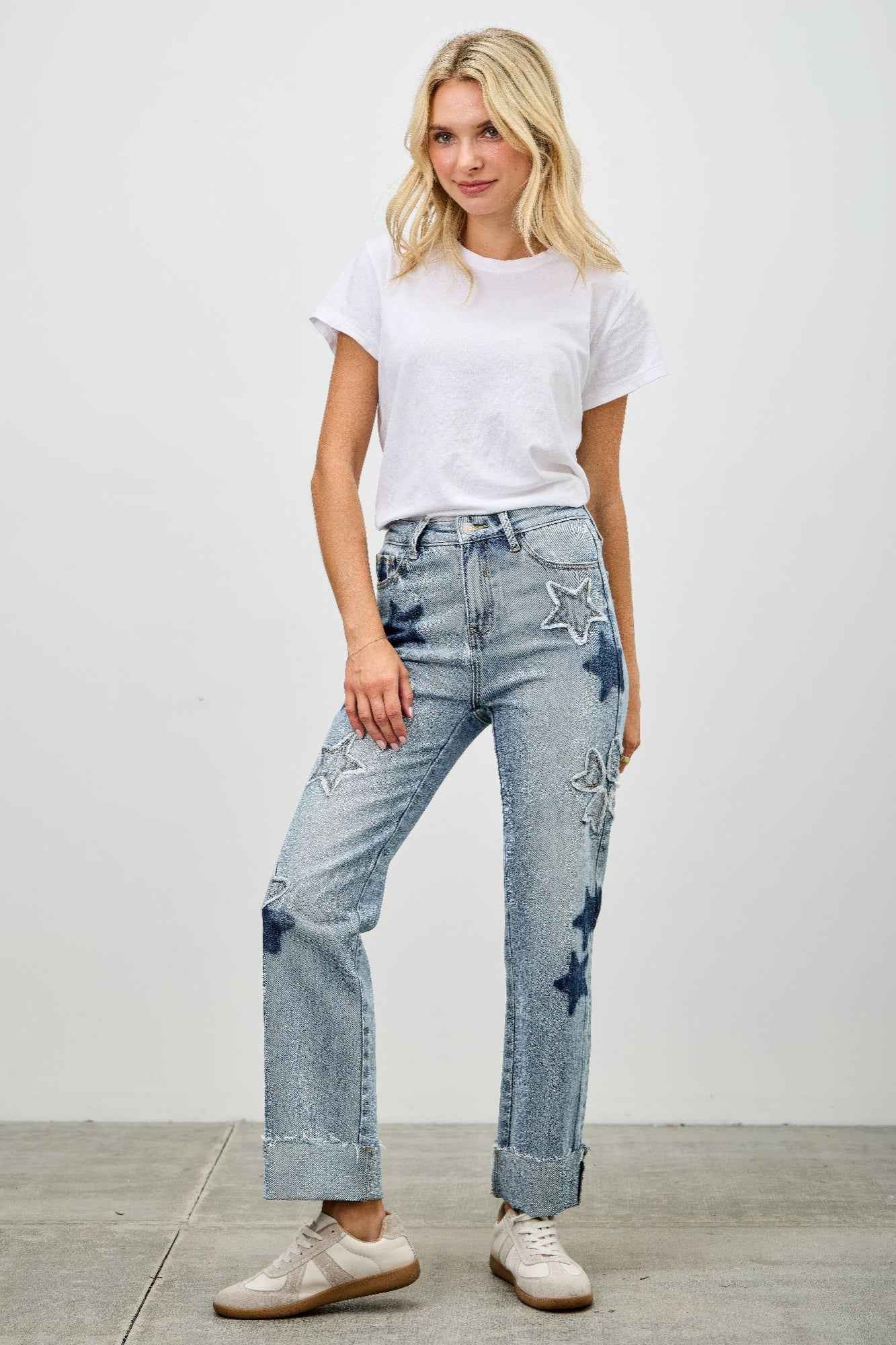 High Rise Star & Heart Patched Dad Jean W/stretch