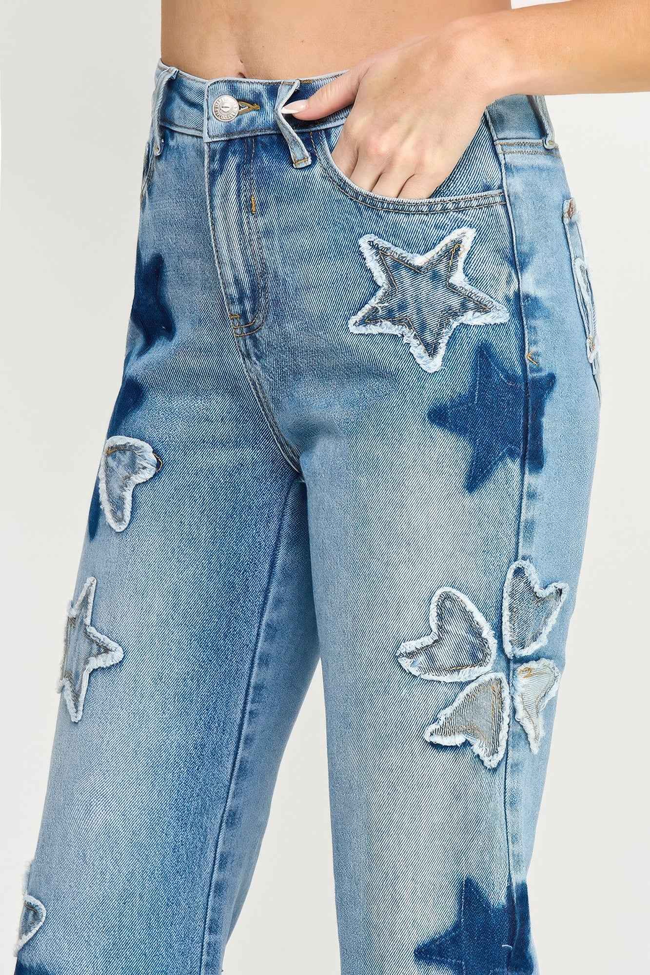 High Rise Star & Heart Patched Dad Jean W/stretch