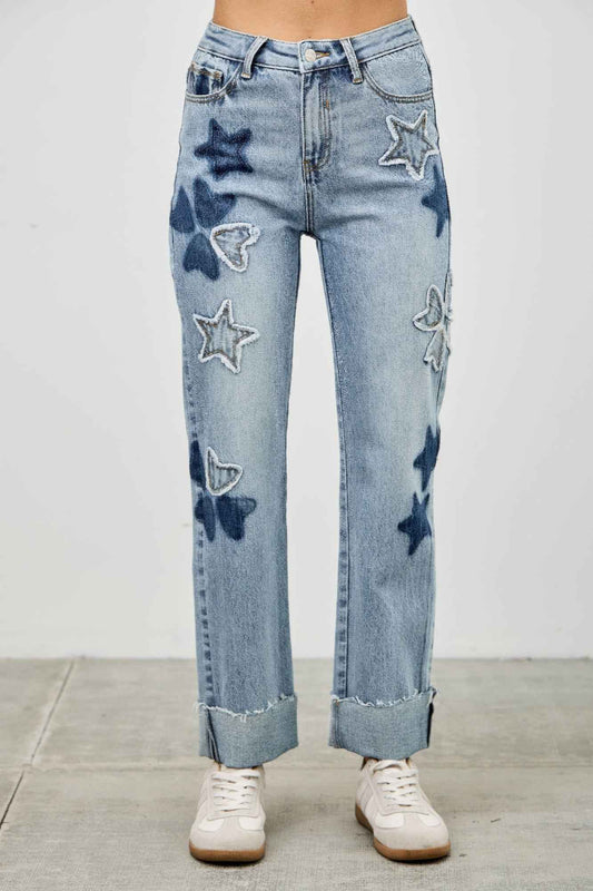 High Rise Star & Heart Patched Dad Jean W/stretch
