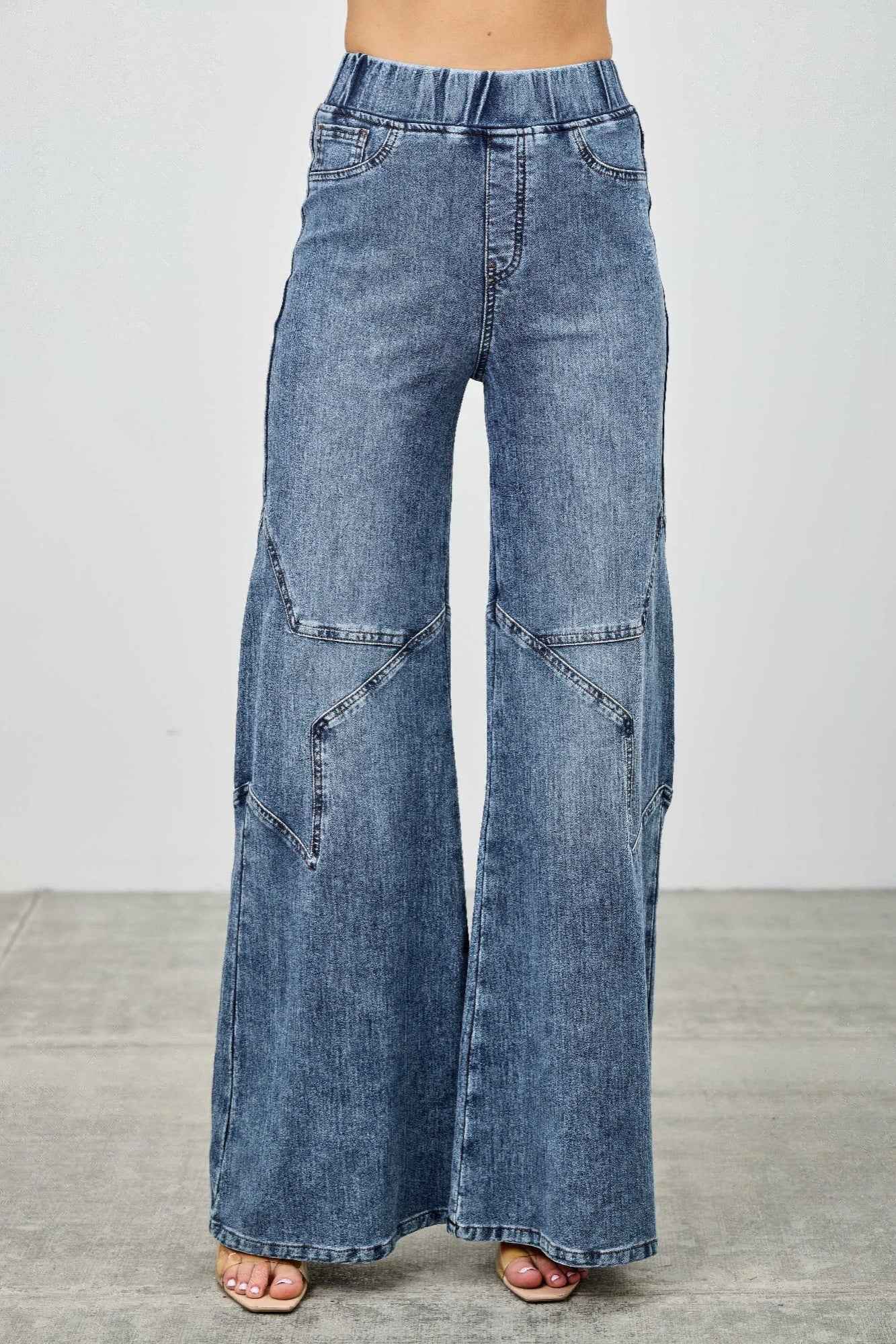 High Rise Star Pull On Knit Denim With Wide Leg