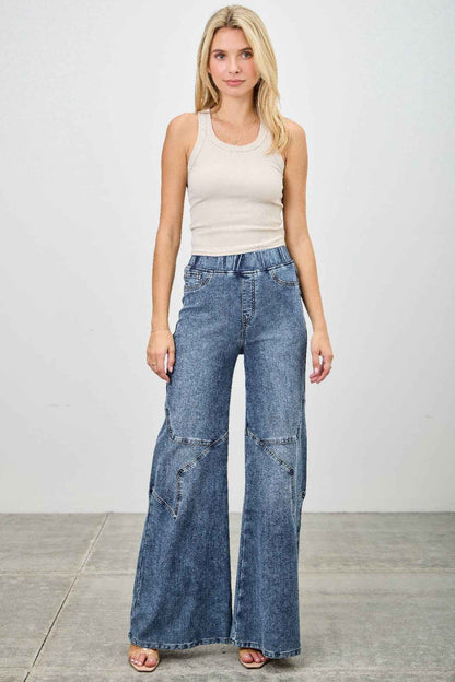 High Rise Star Pull On Knit Denim With Wide Leg