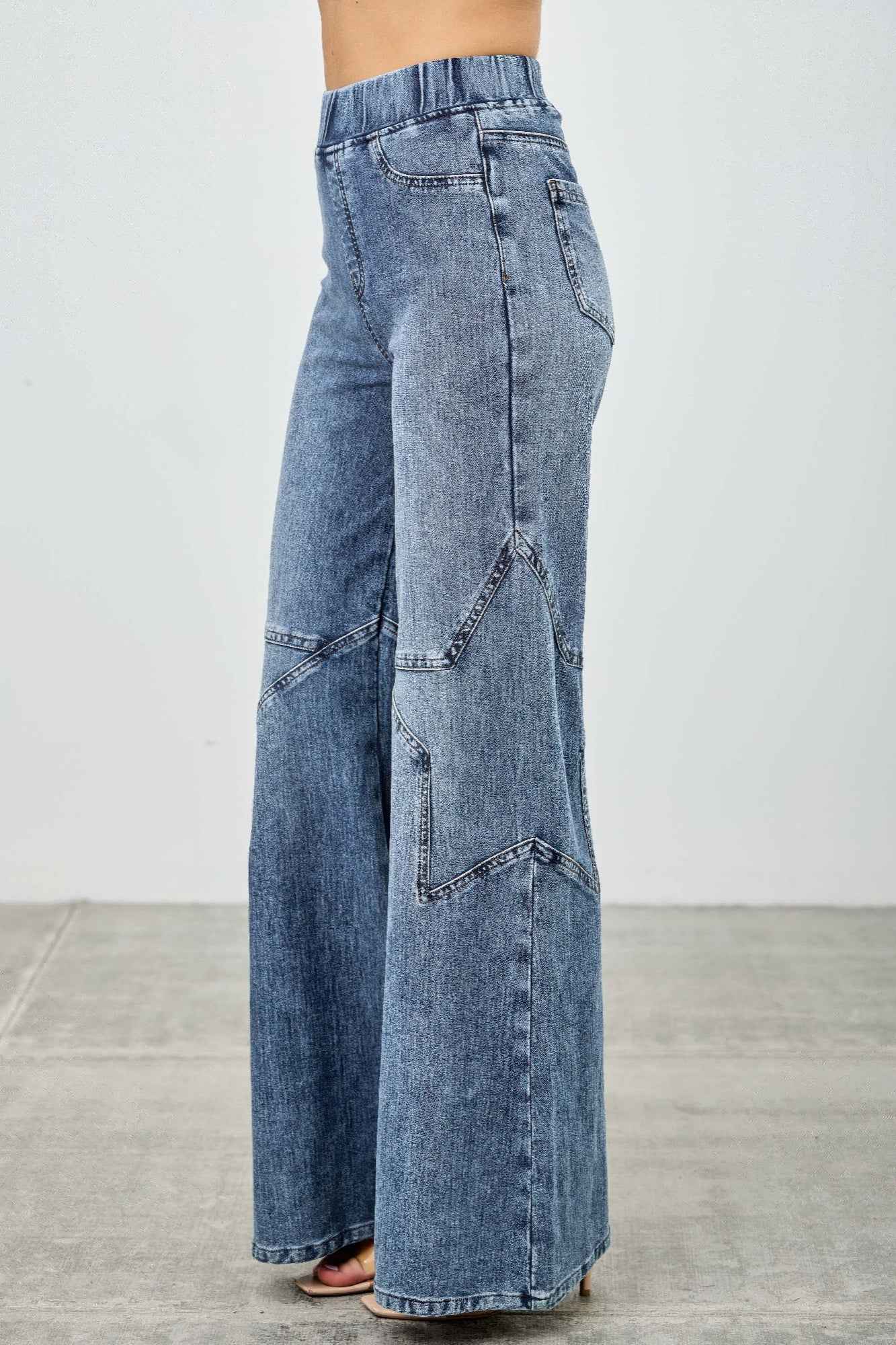 High Rise Star Pull On Knit Denim With Wide Leg