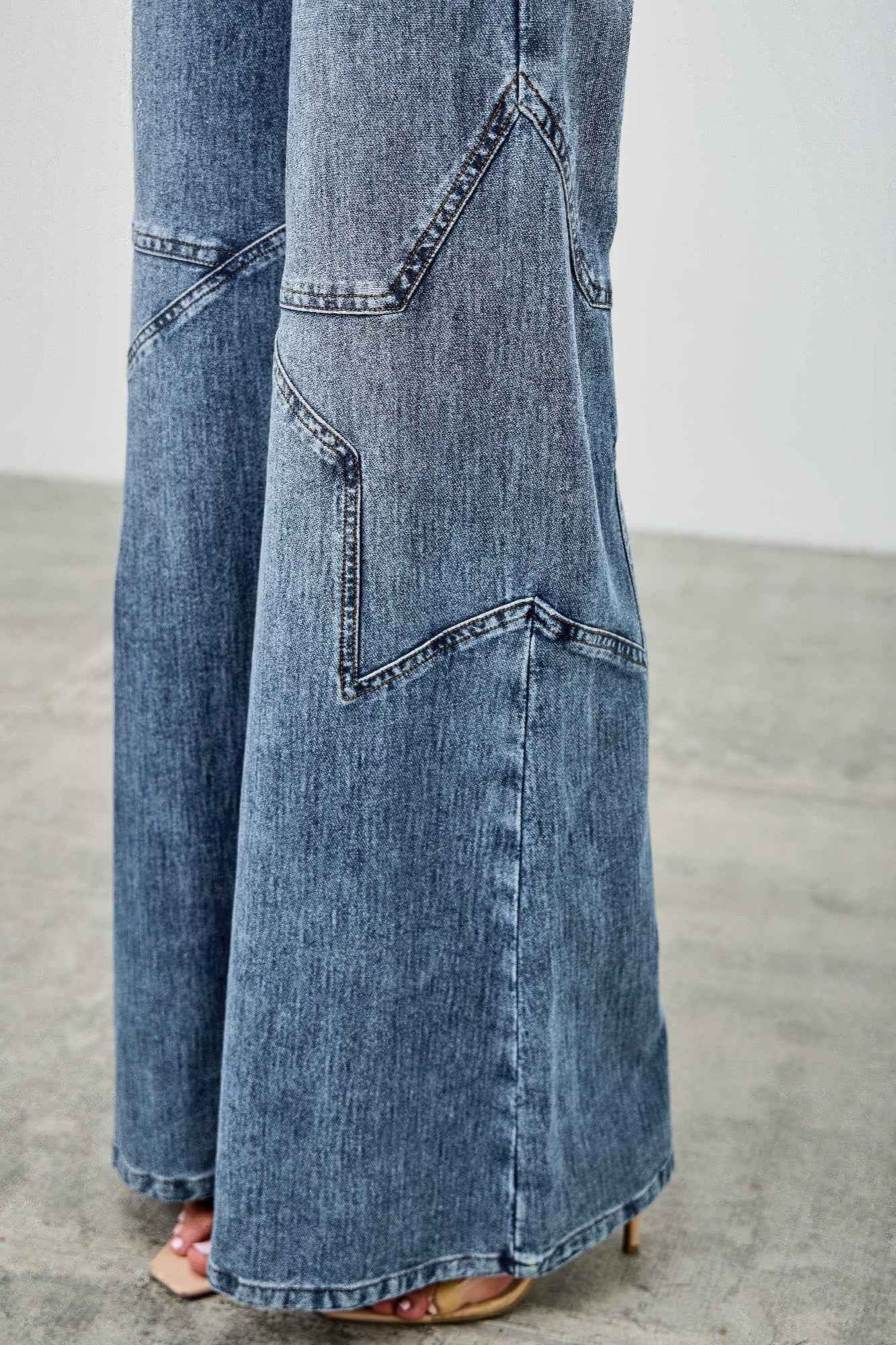 High Rise Star Pull On Knit Denim With Wide Leg