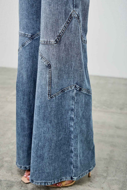High Rise Star Pull On Knit Denim With Wide Leg