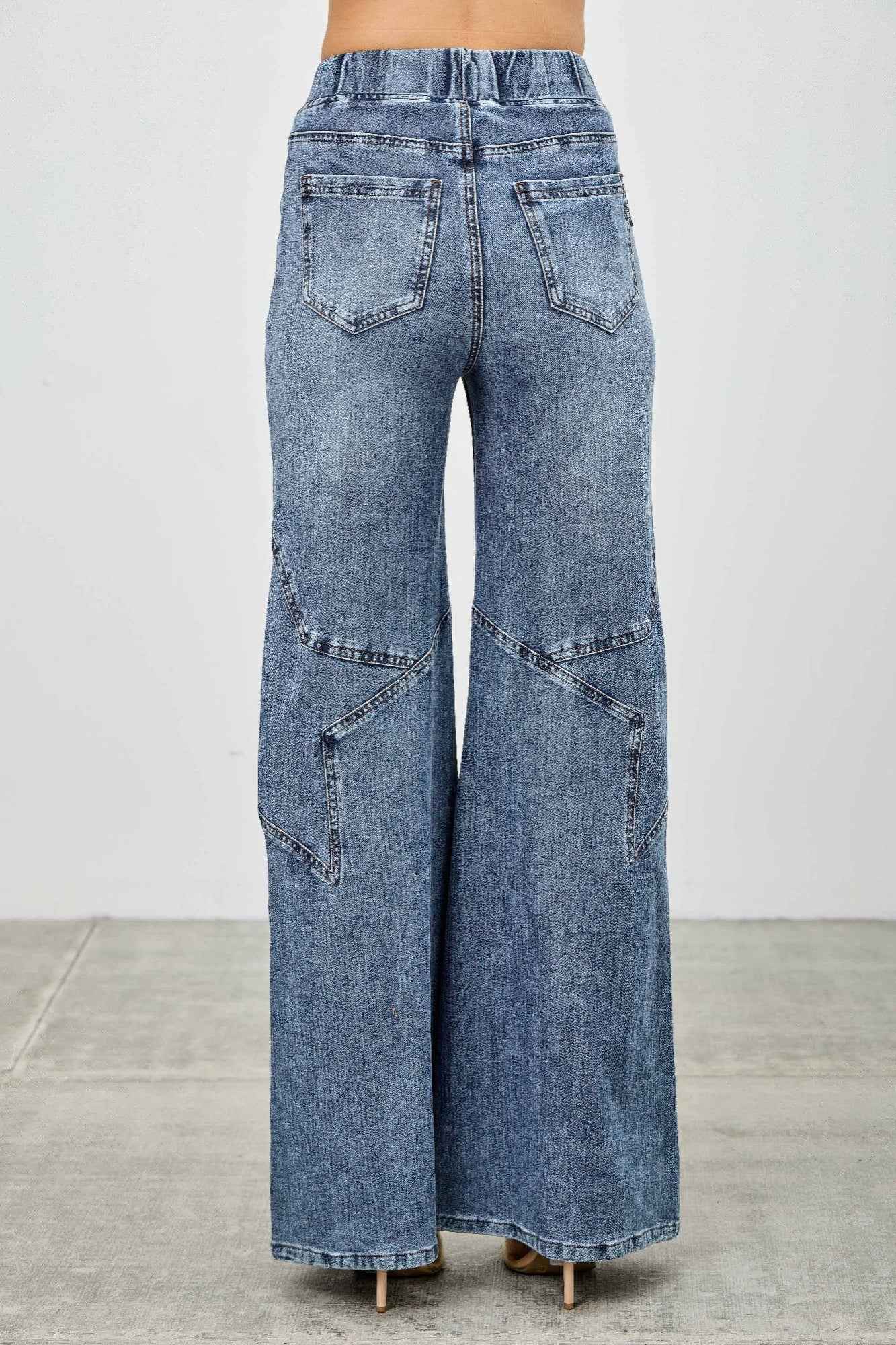 High Rise Star Pull On Knit Denim With Wide Leg