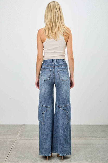 High Rise Star Pull On Knit Denim With Wide Leg