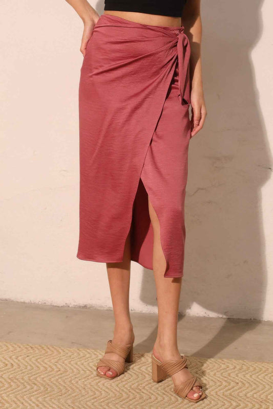 Washed Satin Crepe Side Wrap Midi Skirt