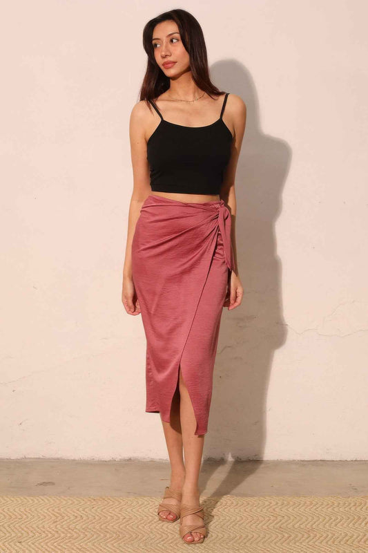 Washed Satin Crepe Side Wrap Midi Skirt