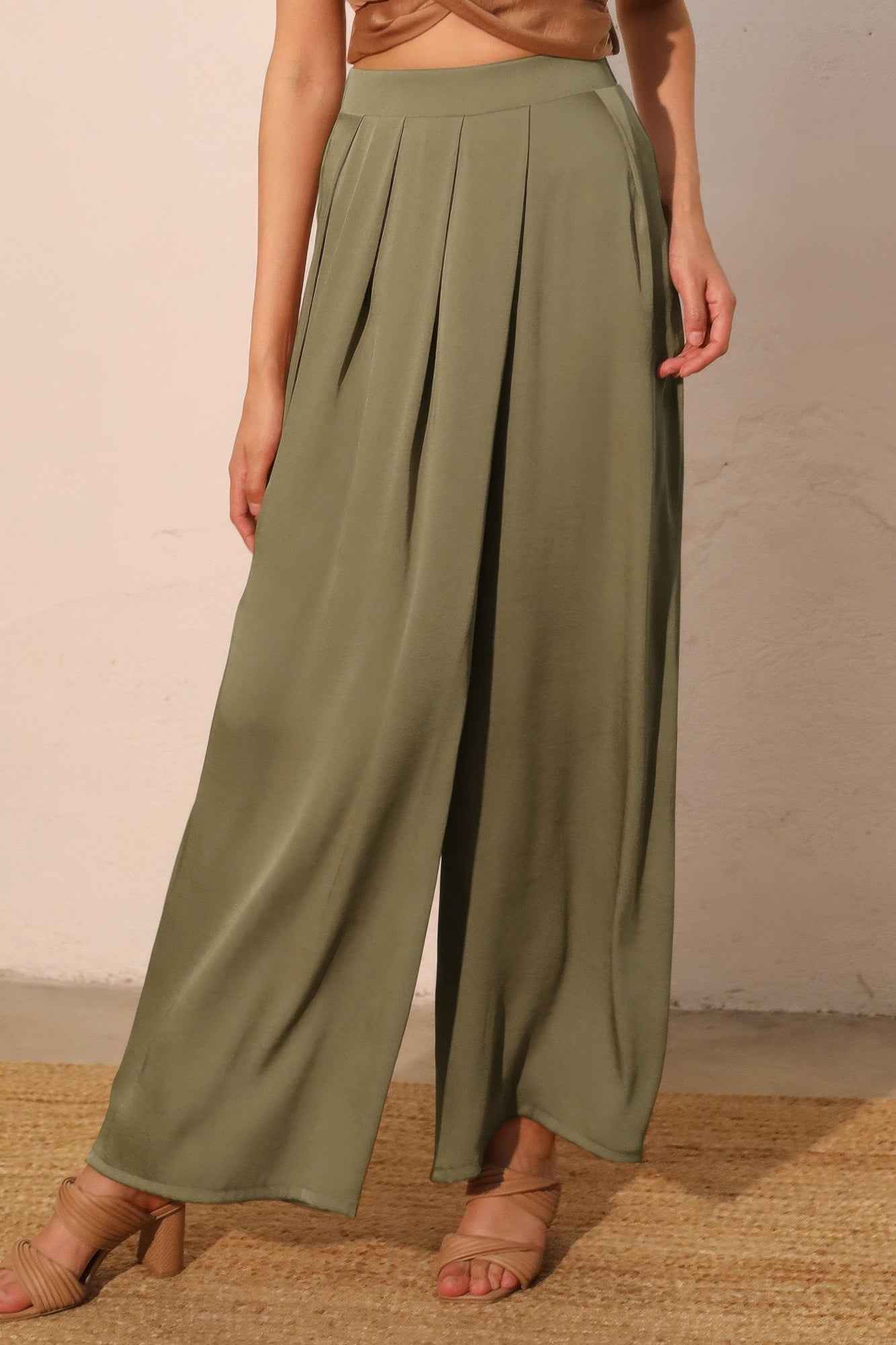 Washed Poly Silk Asymmetrical Pleated Pants