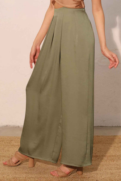 Washed Poly Silk Asymmetrical Pleated Pants