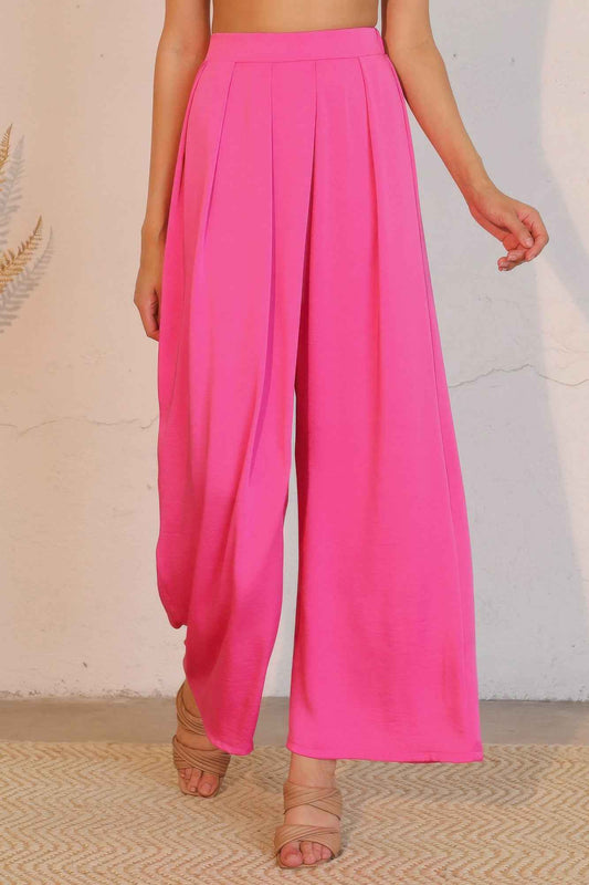 Washed Poly Silk Asymmetrical Pleated Pants