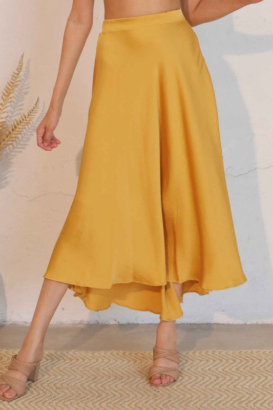 Washed Poly Silk Midi Swing Skirt