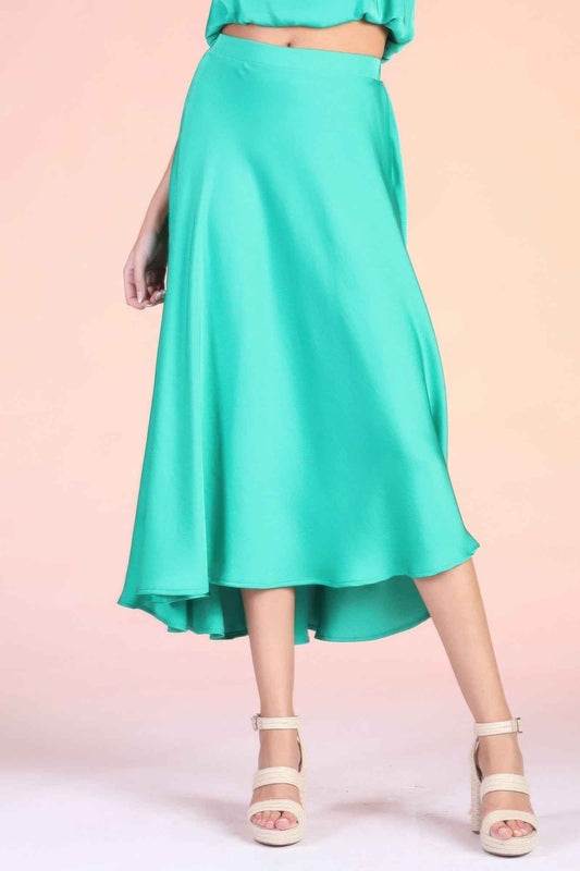 Washed Poly Silk Midi Swing Skirt